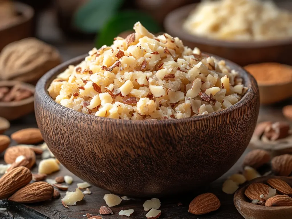 Finely chopped almonds in a wooden bowl surrounded by whole nuts and pieces | kaynmaytkal.com