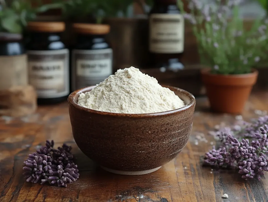 Brown ceramic bowl filled with oat flour on a rustic table with lavender sprigs | kaynmaytkal.com