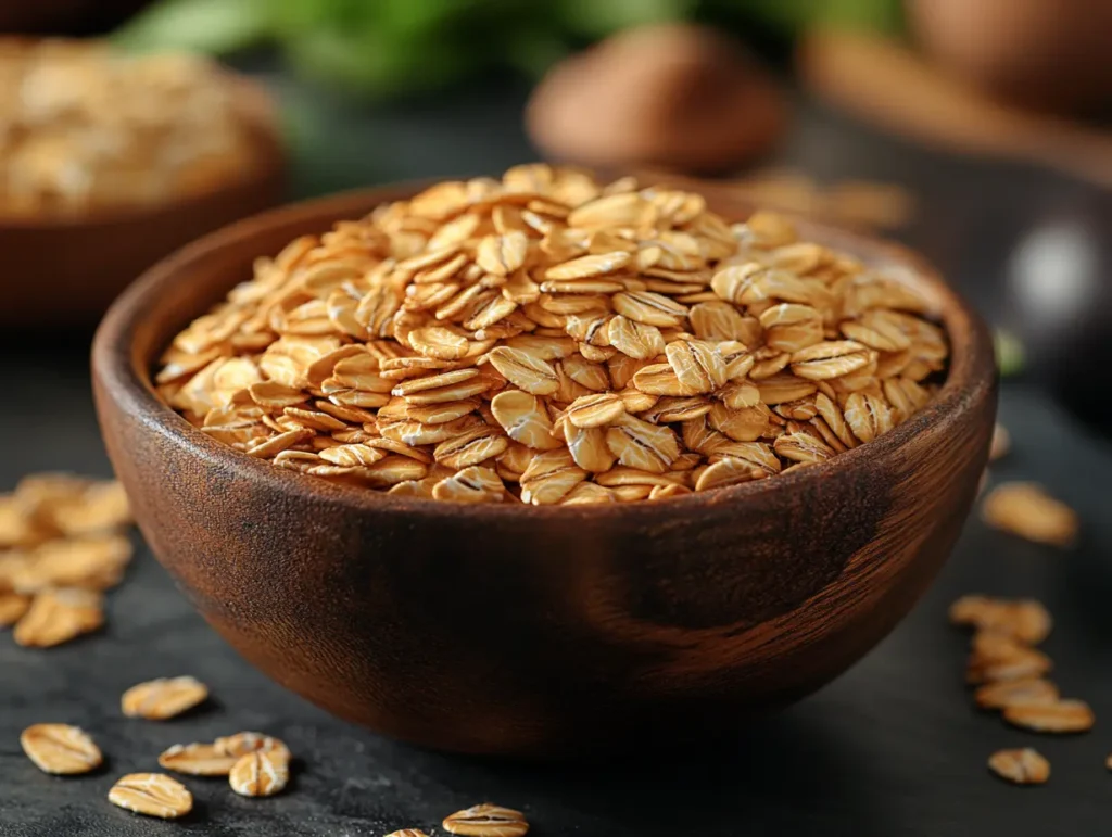 Wooden bowl filled with rolled oats scattered on a dark surface | kaynmaytkal.com