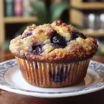 Homemade blueberry muffin on a vintage plate with a golden crumble topping | kaynmaytkal.com