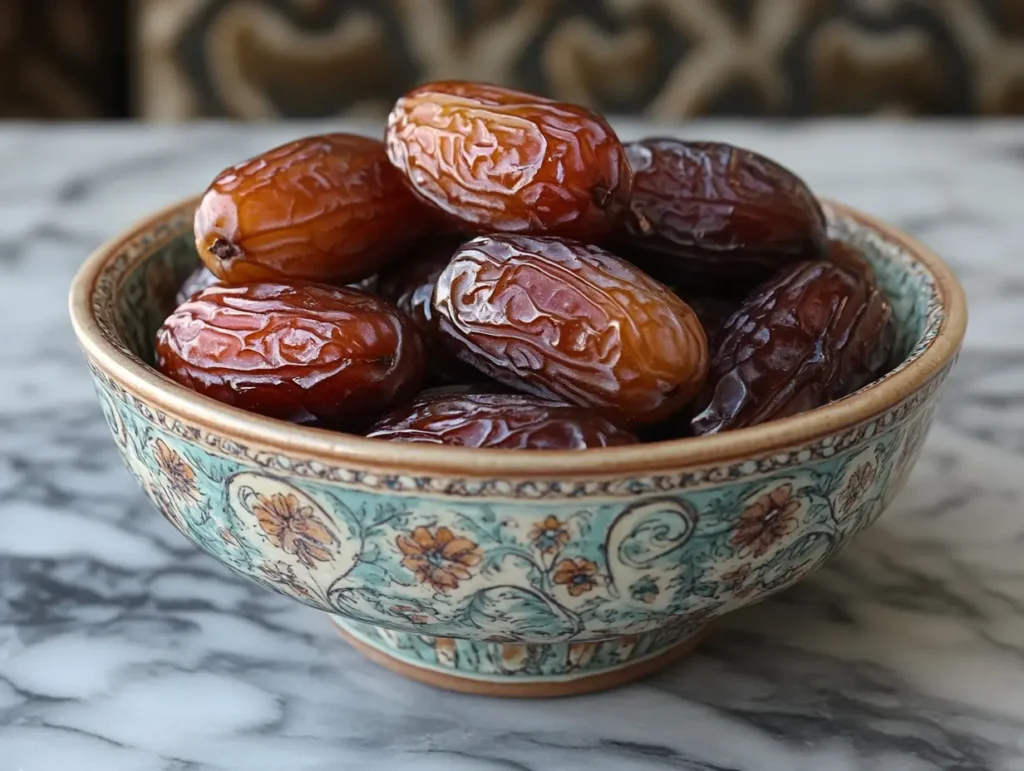 A decorative bowl filled with whole Medjool dates, a naturally sweet ingredient for quick and easy healthy desserts | kaynmaytkal.com