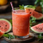 Watermelon mocktail in a tall glass with mint, straw, and watermelon slice for a refreshing watermelon mocktail recipe for summer | kaynmaytkal.com