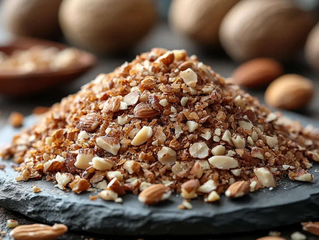 Chopped mixed nuts on a dark stone slab, a crunchy topping for quick and easy healthy desserts | kaynmaytkal.com