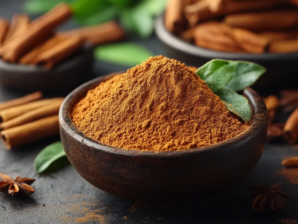 Aromatic ground cinnamon in a dark wooden bowl with cinnamon sticks and star anise nearby | kaynmaytkal.com