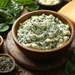Spinach and cheese ravioli filling in a wooden bowl, one of 5 easy ravioli filling ideas for quick meals | kaynmaytkal.com