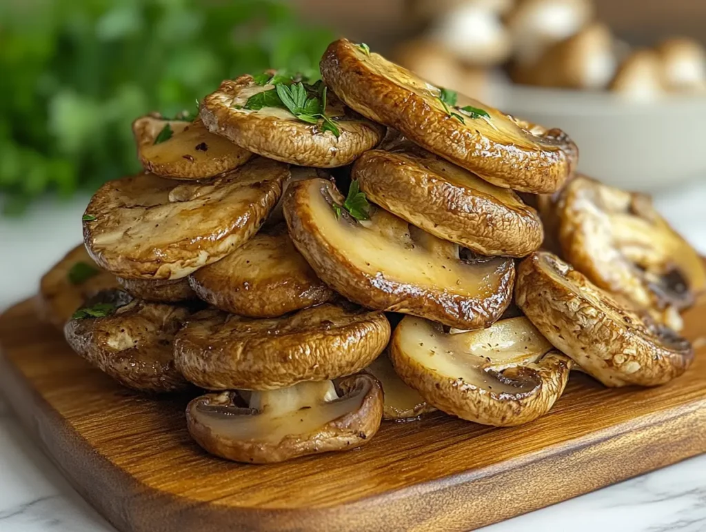 Grilled mushrooms stacked on a wooden board, perfect for vegetarian ravioli filling ideas | kaynmaytkal.com