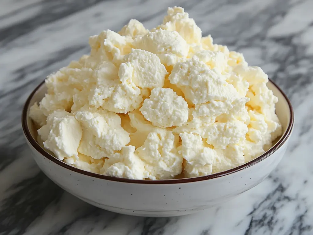 Bowl of fresh cottage cheese on a marble counter, soft and ideal for ravioli filling ideas | kaynmaytkal.com