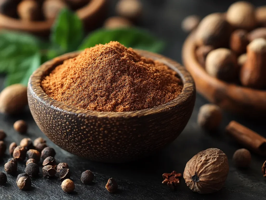 Ground allspice in a wooden bowl surrounded by whole spices on a dark table surface | kaynmaytkal.com