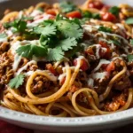 Cooked spaghetti with ground beef, tomatoes, and herbs, a delicious crock pot beef recipe | kaynmaytkal.com