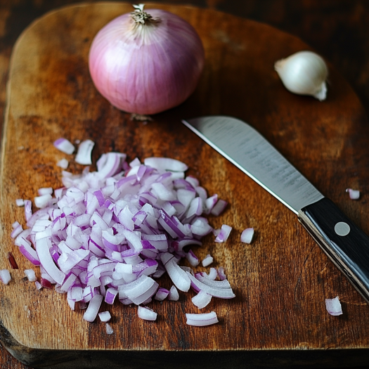 Chopped red onion on a wooden board with a knife and garlic, a savory base for high protein pasta | kaynmaytkal.com
