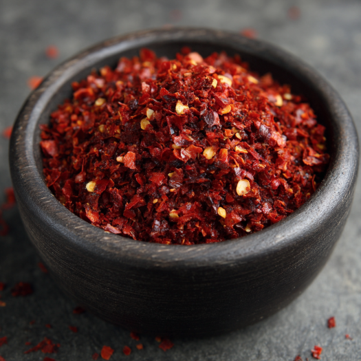 Bowl of crushed red pepper flakes, adding spice and depth to high protein pasta recipes | kaynmaytkal.com