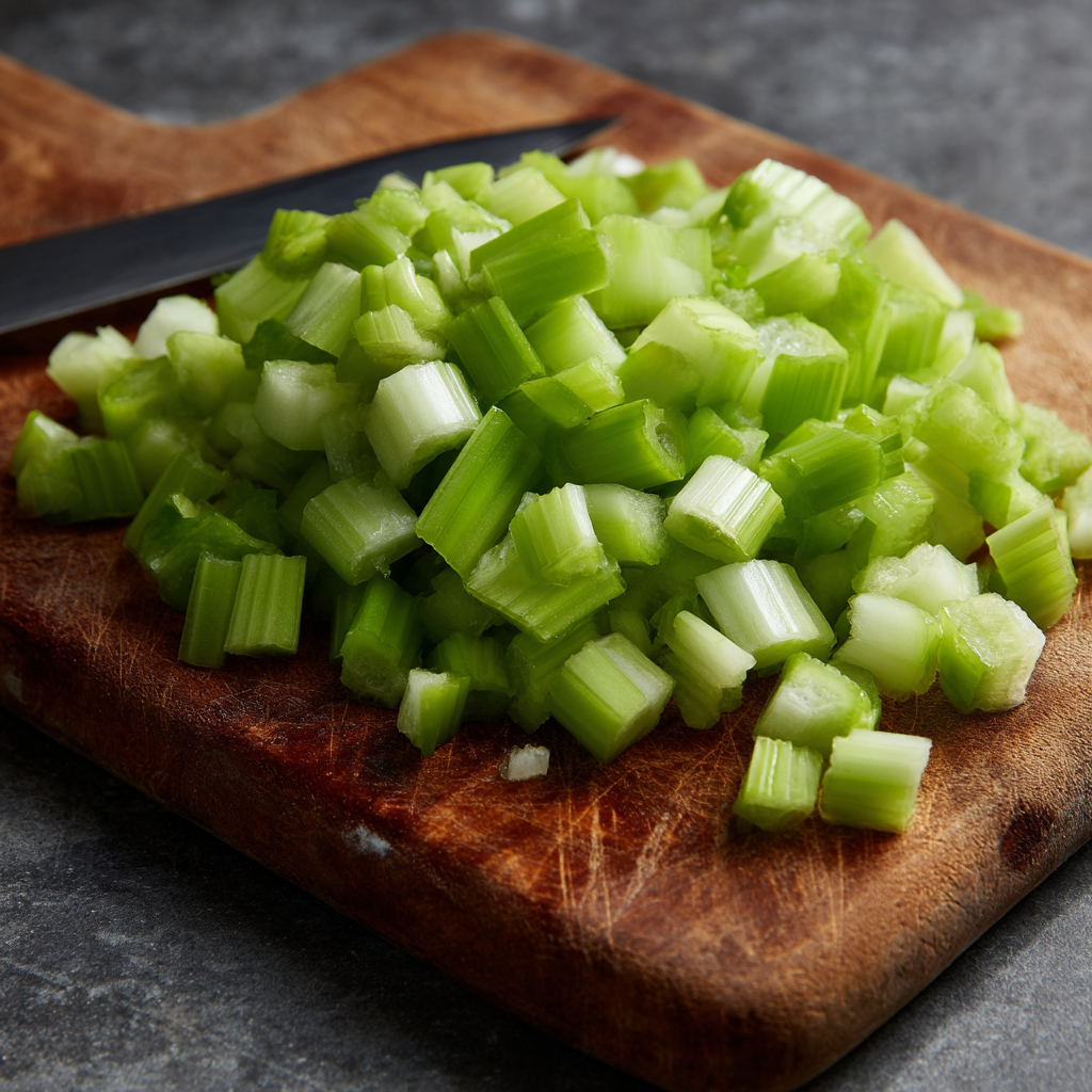 Chopped celery on a cutting board, a fresh and crunchy addition to high protein pasta recipes | kaynmaytkal.com