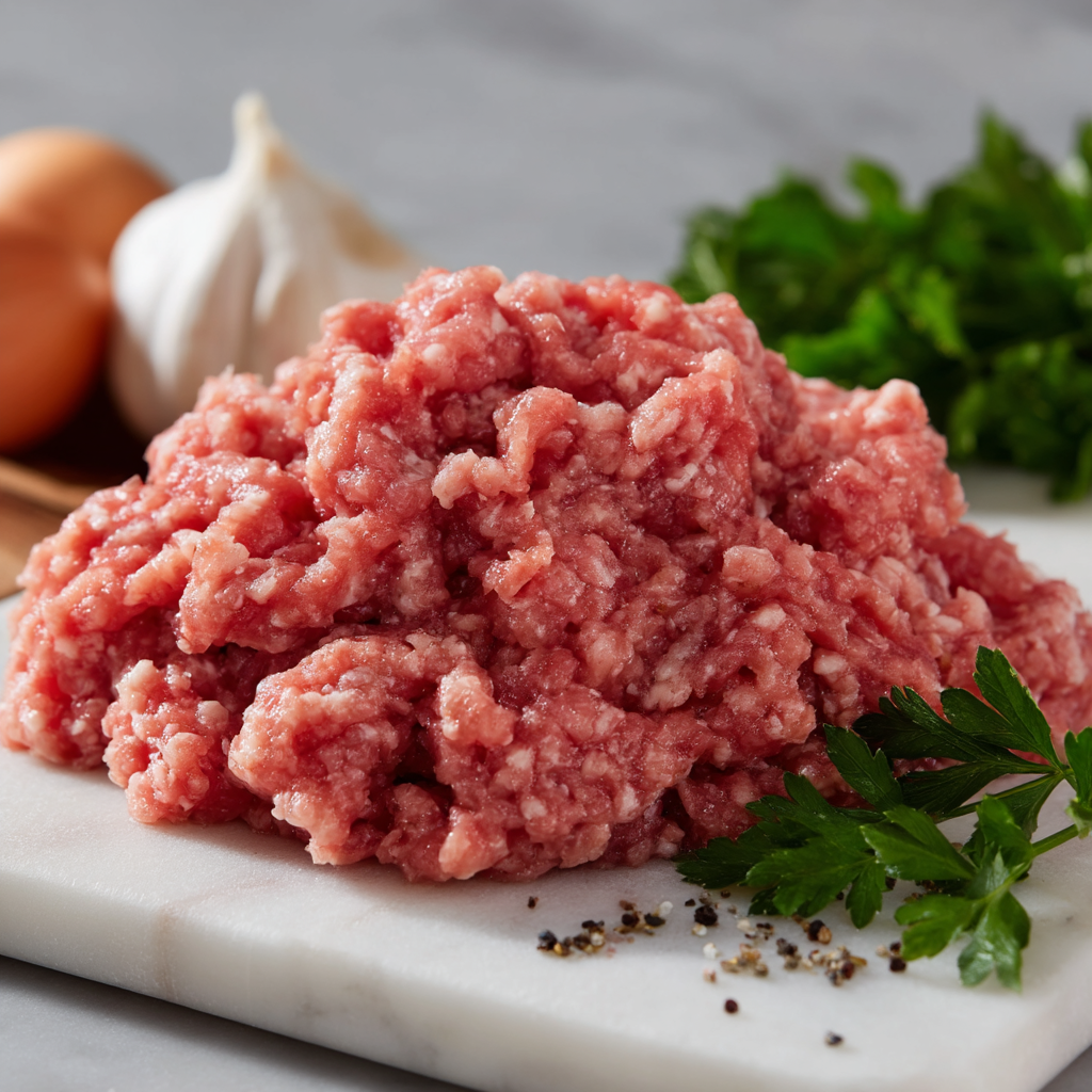 Raw ground meat with parsley and garlic, a hearty protein base for high protein pasta recipes | kaynmaytkal.com