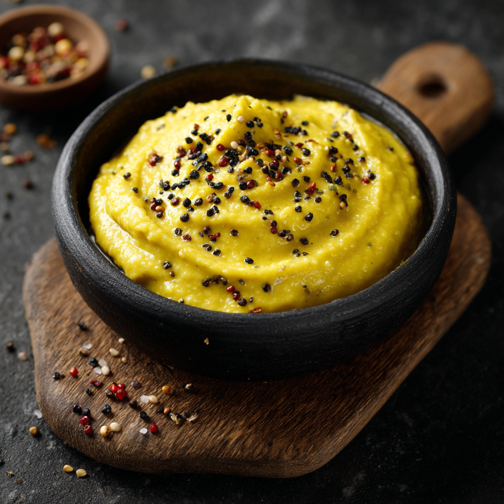 Bowl of spicy yellow hummus with pepper seasoning, rich in plant protein for pasta recipes | kaynmaytkal.com