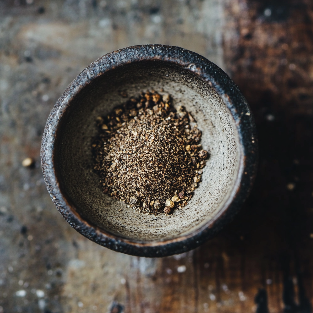 Coarsely ground black pepper in a small stone bowl, ideal for seasoning high protein pasta dishes | kaynmaytkal.com