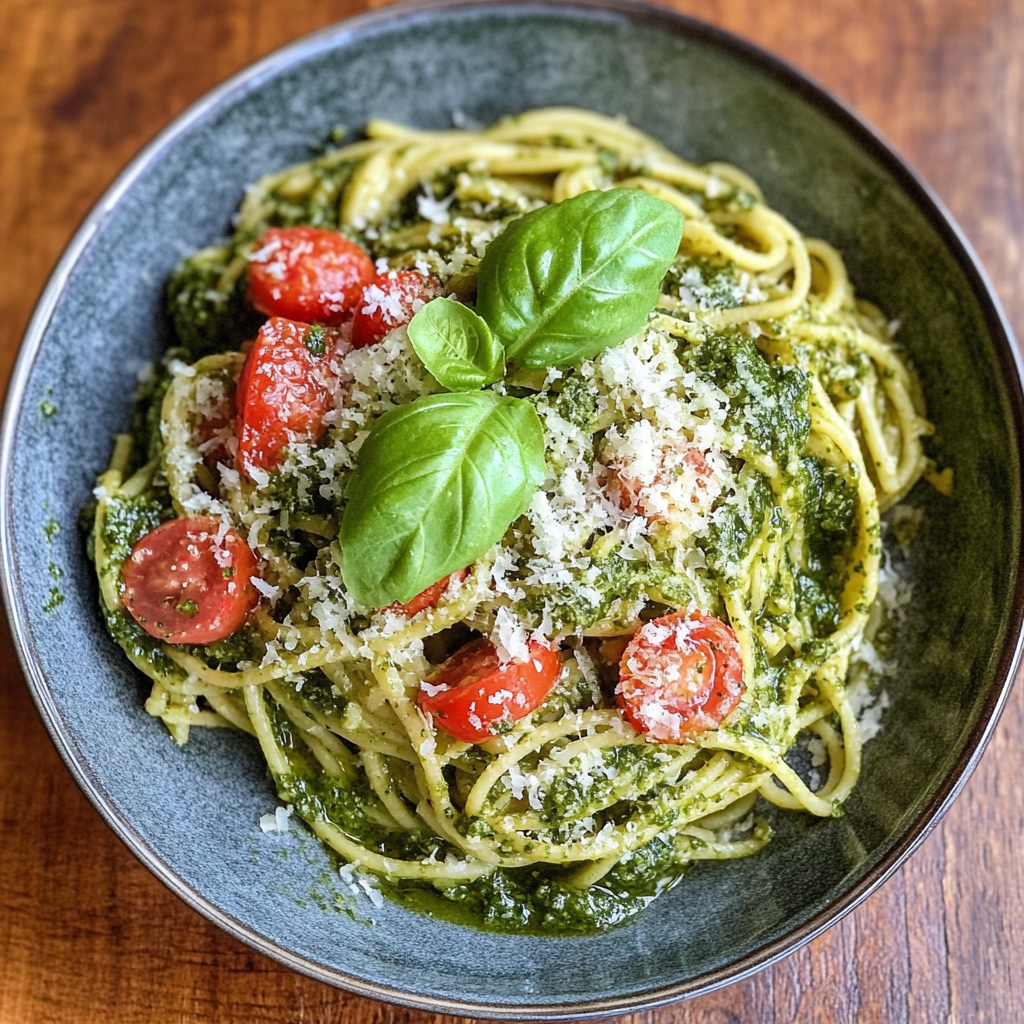 Spaghetti tossed in pesto with cherry tomatoes and Parmesan, a vibrant high protein meal | kaynmaytkal.com