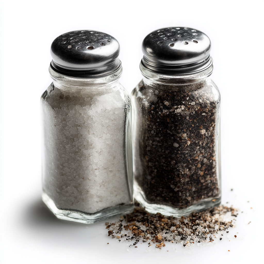 Salt and pepper shakers with spilled grains, essential seasonings for high protein pasta recipes | kaynmaytkal.com