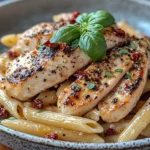 Penne pasta served with juicy peppered chicken breast and fresh basil for marry me pasta recipe | kaynmaytkal.com