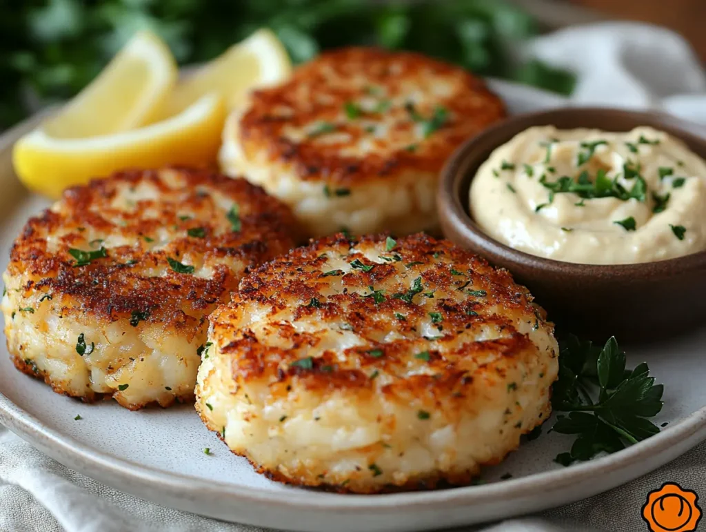 Golden brown gluten-free rice cakes served with creamy dip and lemon wedges | kaynmaytkal.com