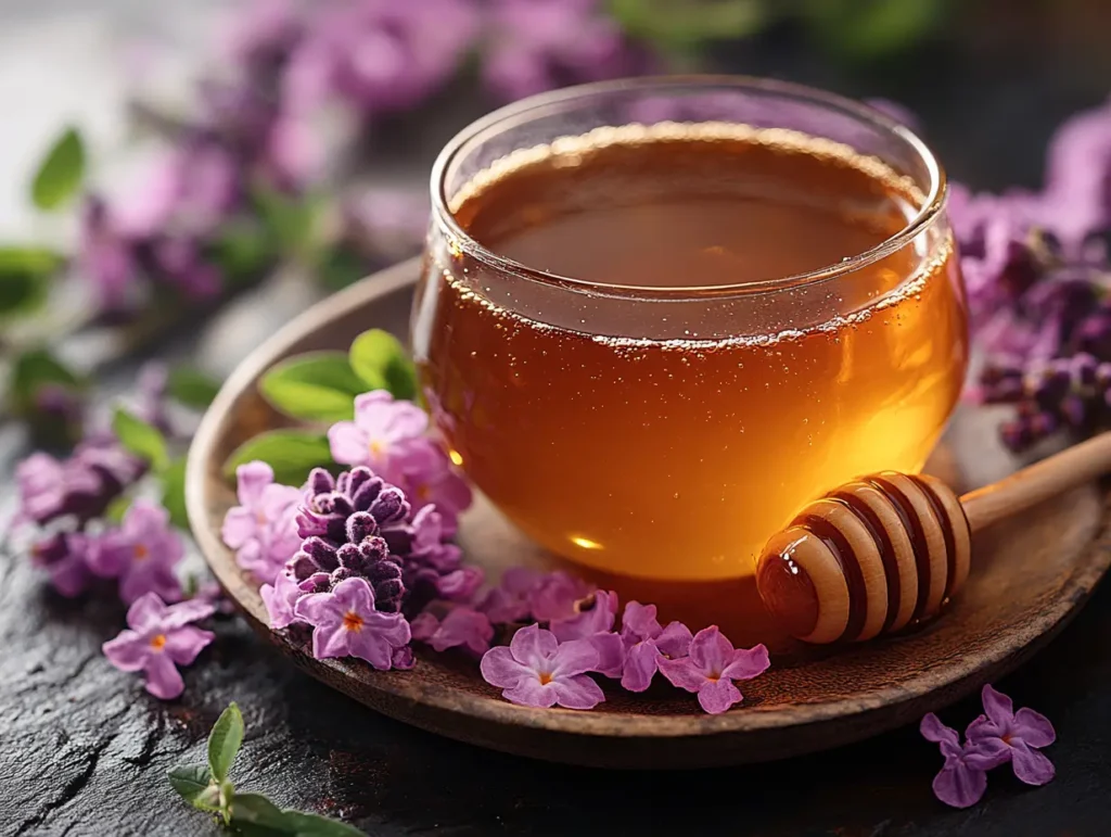 Glass bowl of golden honey surrounded by lilac flowers, ideal for sweetening savory beef crock pot dishes | kaynmaytkal.com