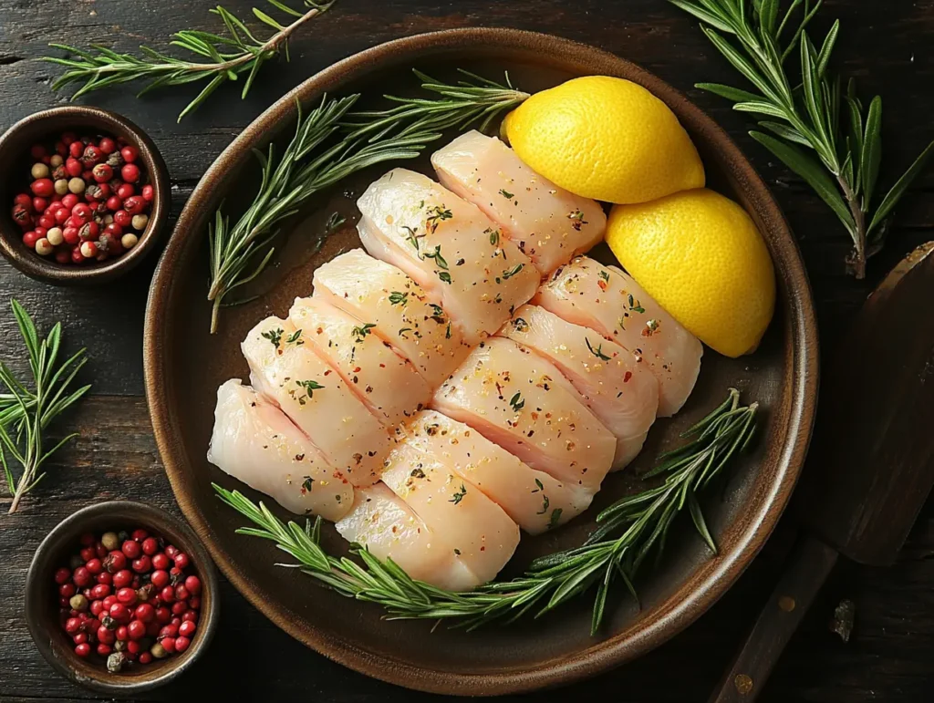 Raw chicken breast seasoned with herbs and lemon, ready to be cooked for the Marry Me Pasta recipe | kaynmaytkal.com