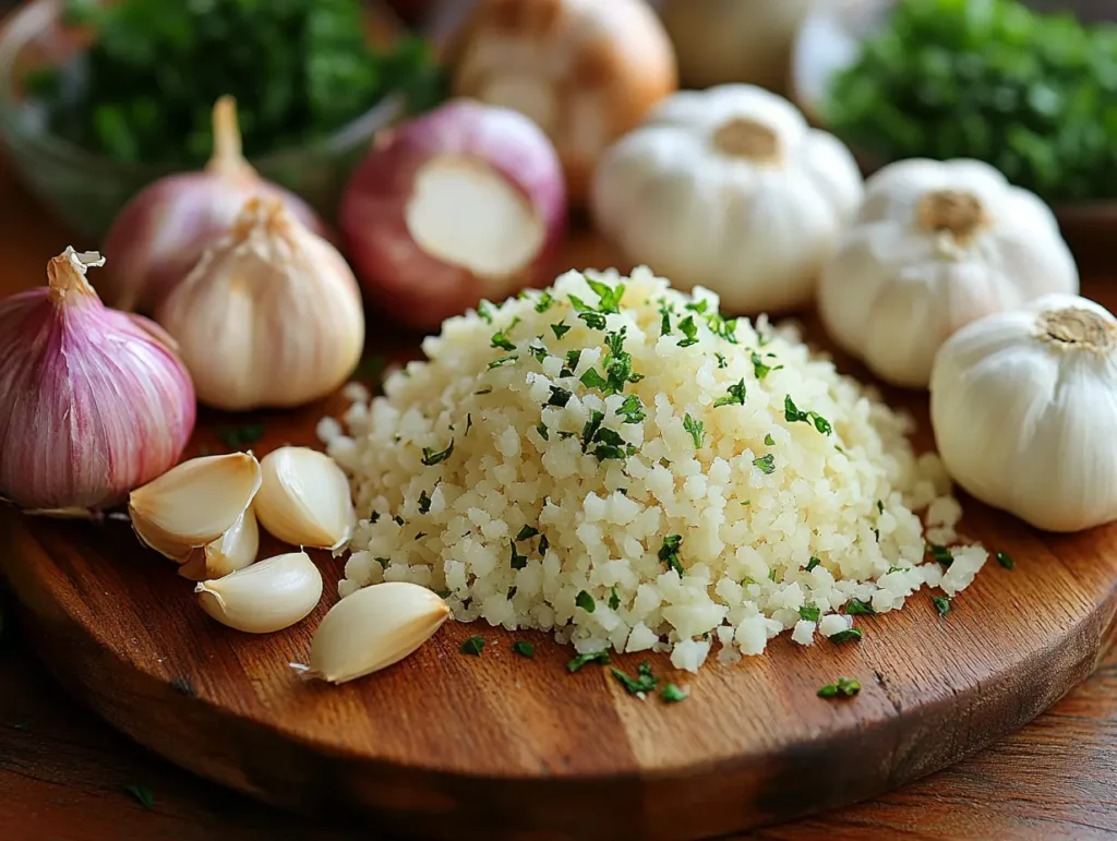Chopped garlic with whole bulbs on a wooden board, a flavorful base for seafood rice dishes | kaynmaytkal.com