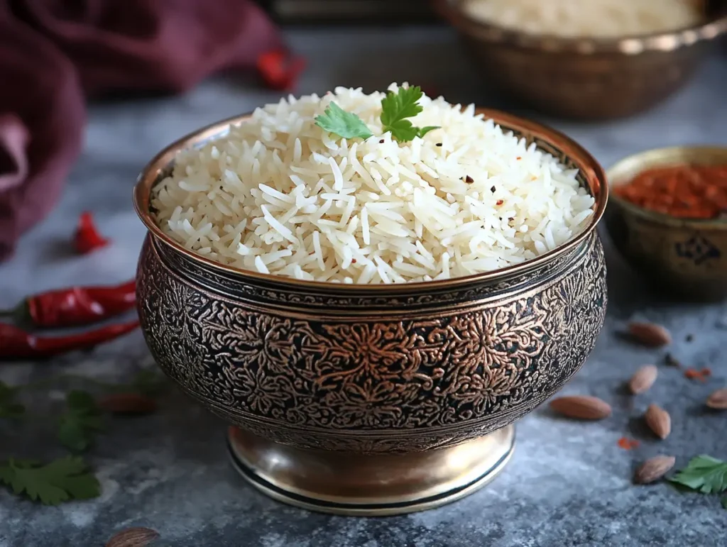 Cooked basmati rice served in an ornate copper bowl for seafood rice dishes | kaynmaytkal.com