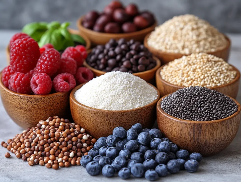 Assorted gluten-free grains and fresh berries in wooden bowls, perfect for gluten and dairy free recipes | kaynmaytkal.com
