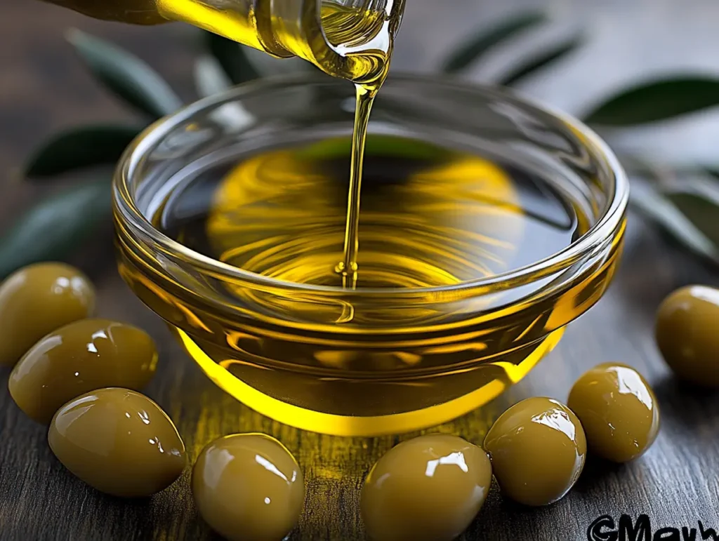 Golden olive oil being poured into a clear bowl surrounded by fresh olives for seafood rice dishes | kaynmaytkal.com