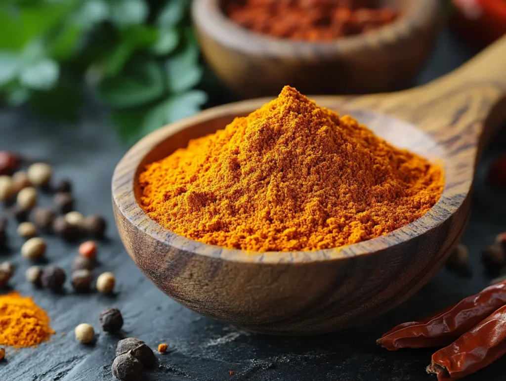 Aromatic yellow spice in a wooden spoon, commonly used in seafood rice recipes | kaynmaytkal.com