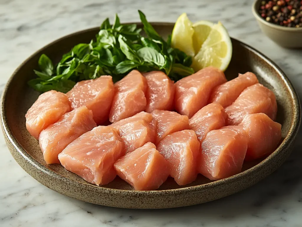 Raw diced chicken breast with basil and lemon wedges on a stone plate | kaynmaytkal.com