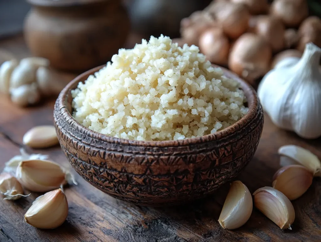 Cooked bulgur wheat in a carved wooden bowl with garlic cloves and shallots around | kaynmaytkal.com