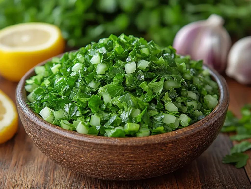 Chopped fresh parsley and celery in a wooden bowl, surrounded by garlic and lemon | kaynmaytkal.com