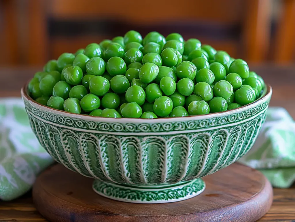 Glossy green peas in an ornate ceramic bowl on a wooden surface | kaynmaytkal.com