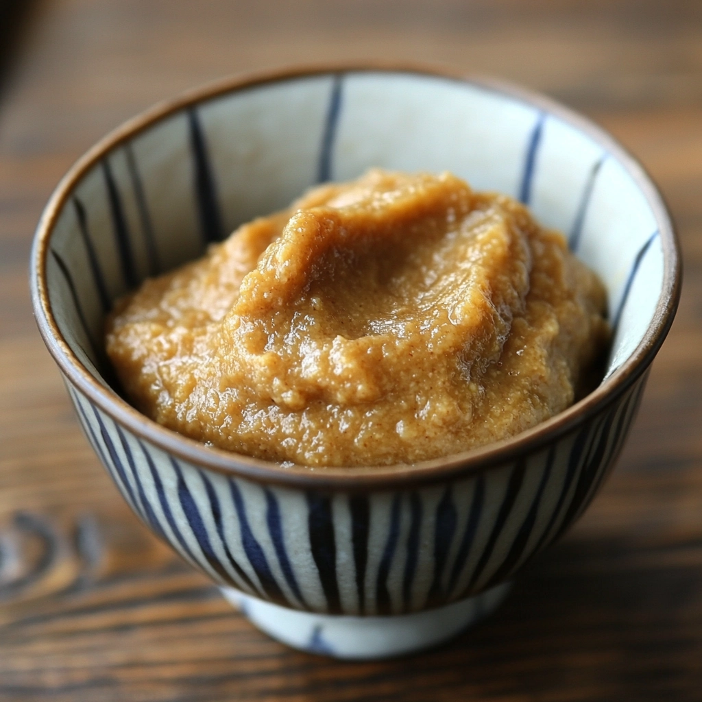 A ceramic bowl of thick miso paste on a wooden surface for easy Japanese recipes | kaynmaytkal.com