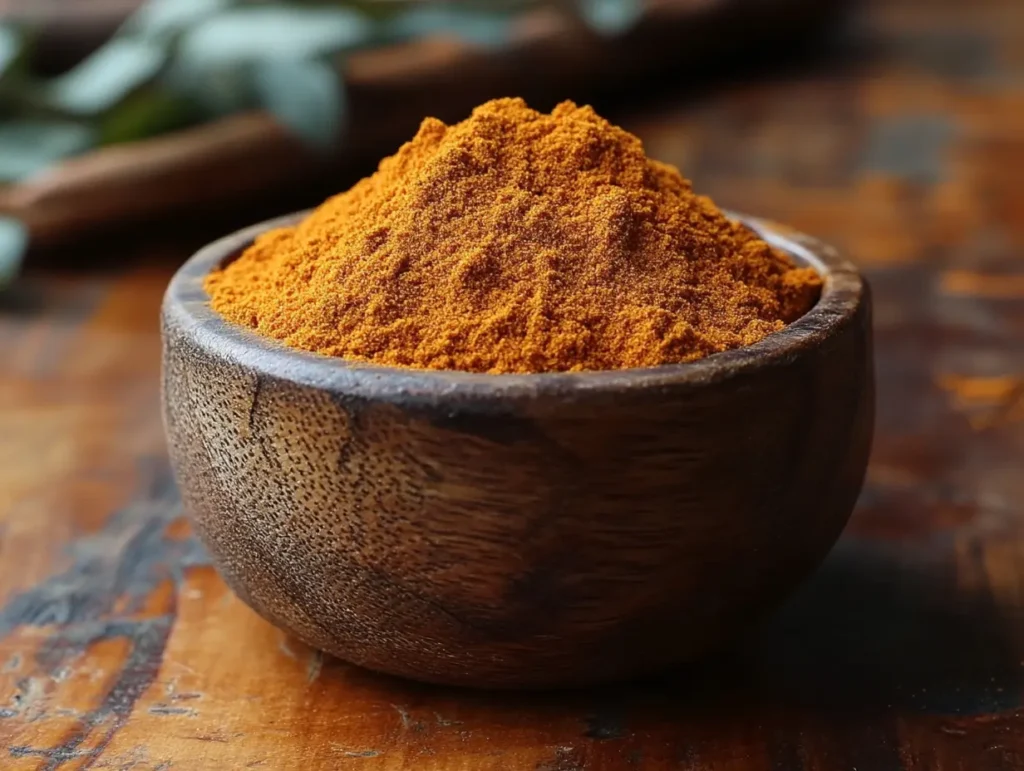A wooden bowl filled with vibrant orange curry powder on a rustic surface | kaynmaytkal.com