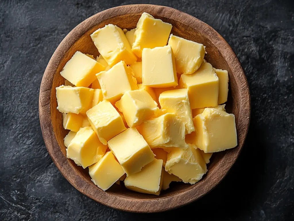 Cubed butter in a wooden bowl set against a dark stone surface | kaynmaytkal.com