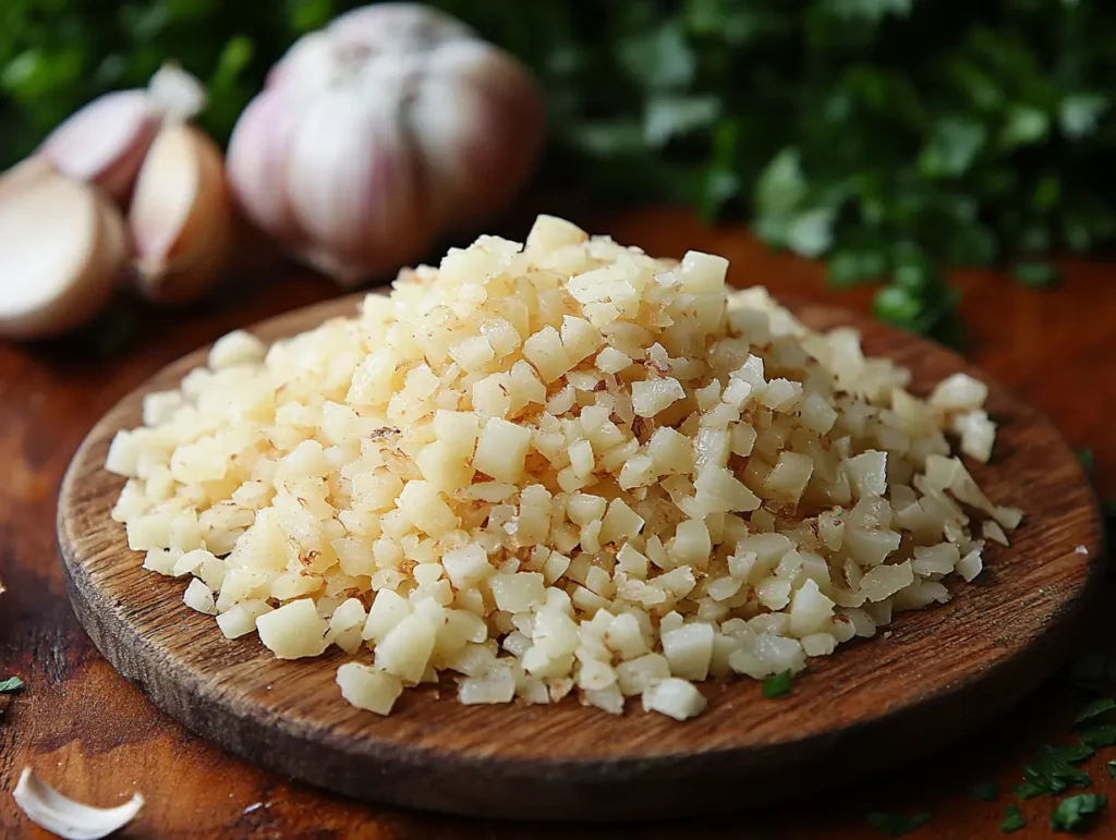 Minced garlic on a wooden board, a cheap and flavorful essential in hearty homemade meals | kaynmaytkal.com
