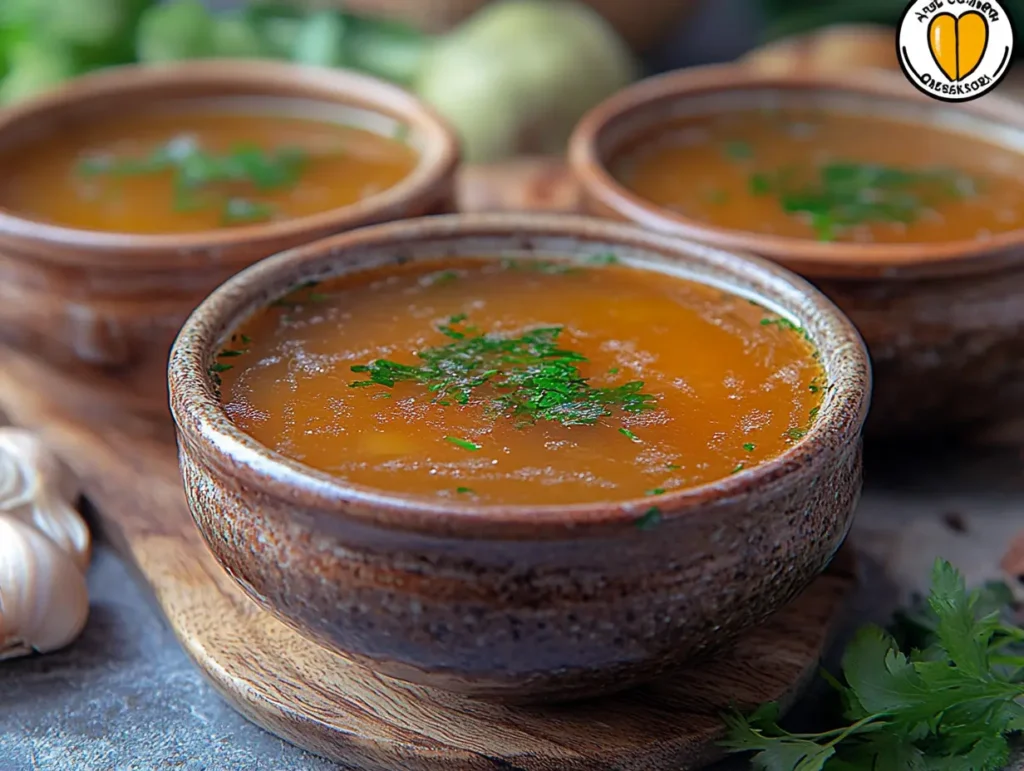 Warm bowls of homemade vegetable broth garnished with parsley | kaynmaytkal.com