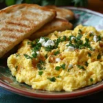 Creamy scrambled eggs with fresh herbs and toast, a simple egg recipe with flour toast | kaynmaytkal.com
