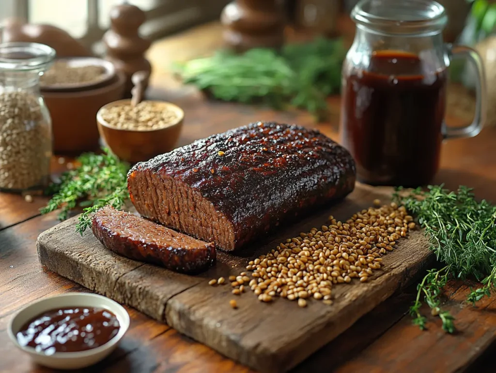 Glazed seitan roast sliced on a wooden board with herbs, spices, and sauce, perfect for hearty seitan recipes | kaynmaytkal.com