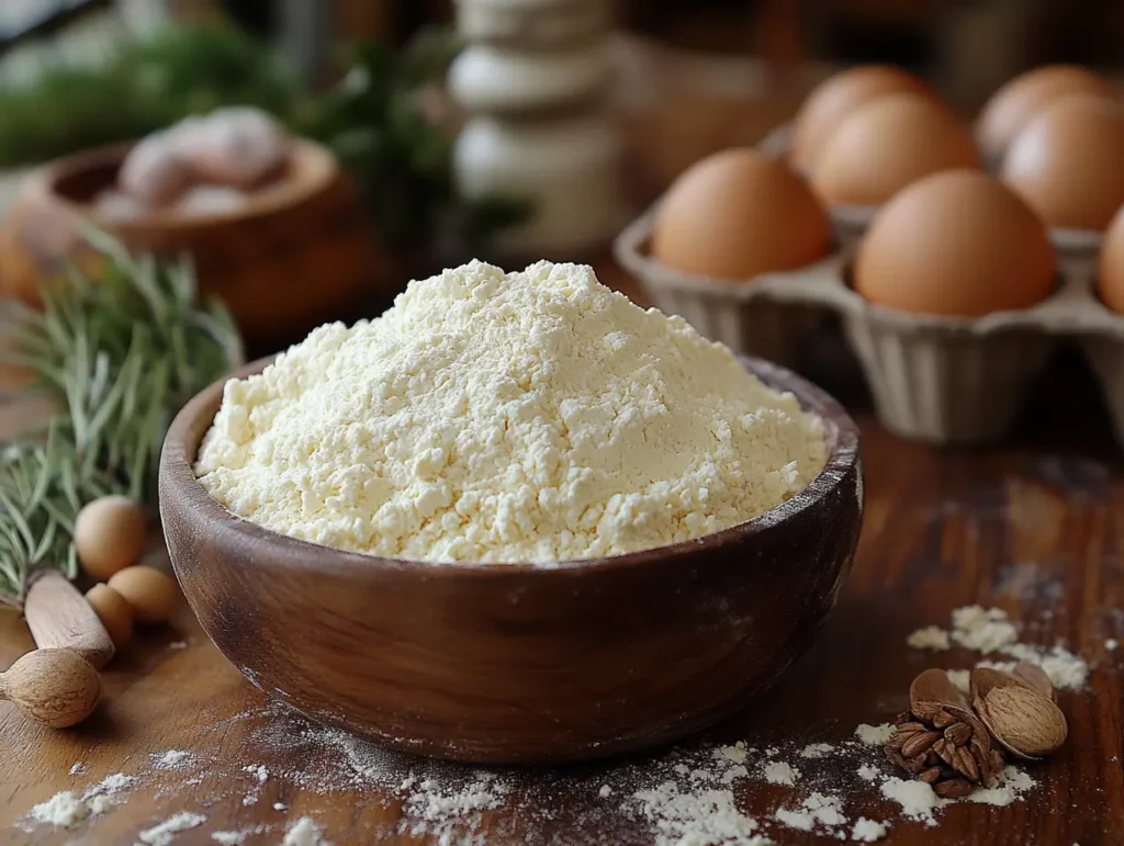 All-purpose flour in a wooden bowl with eggs and spices, used in baking and savory dishes | kaynmaytkal.com