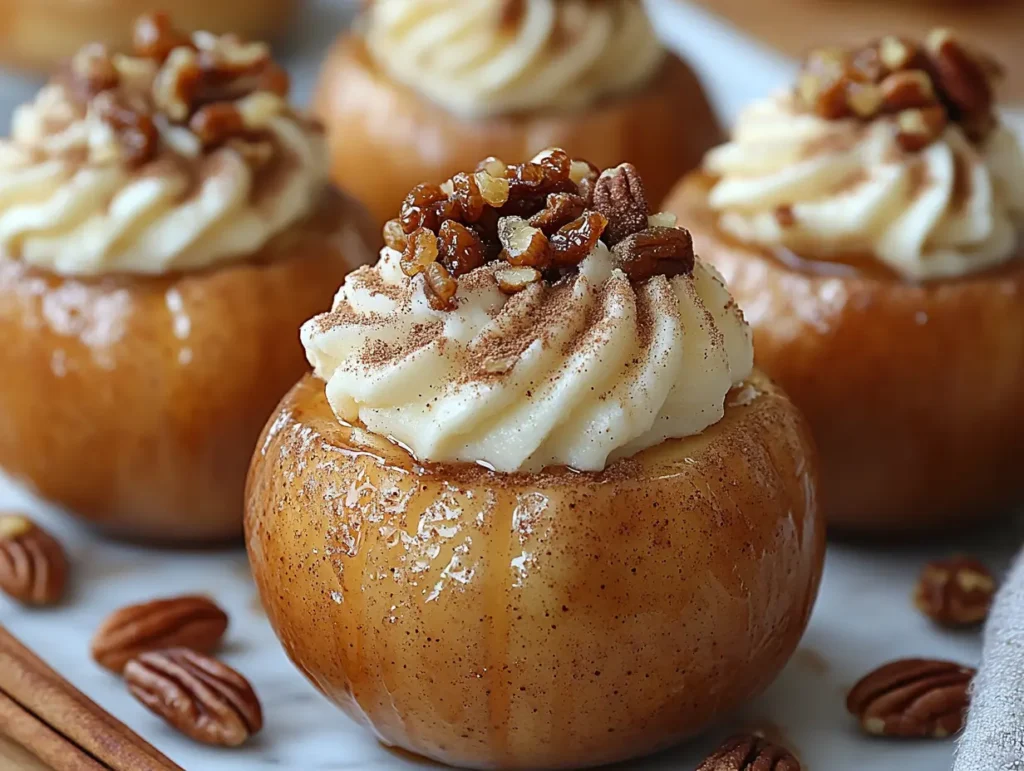 Baked apples topped with spiced vegan cream and pecans, a cozy gluten free dessert option | kaynmaytkal.com