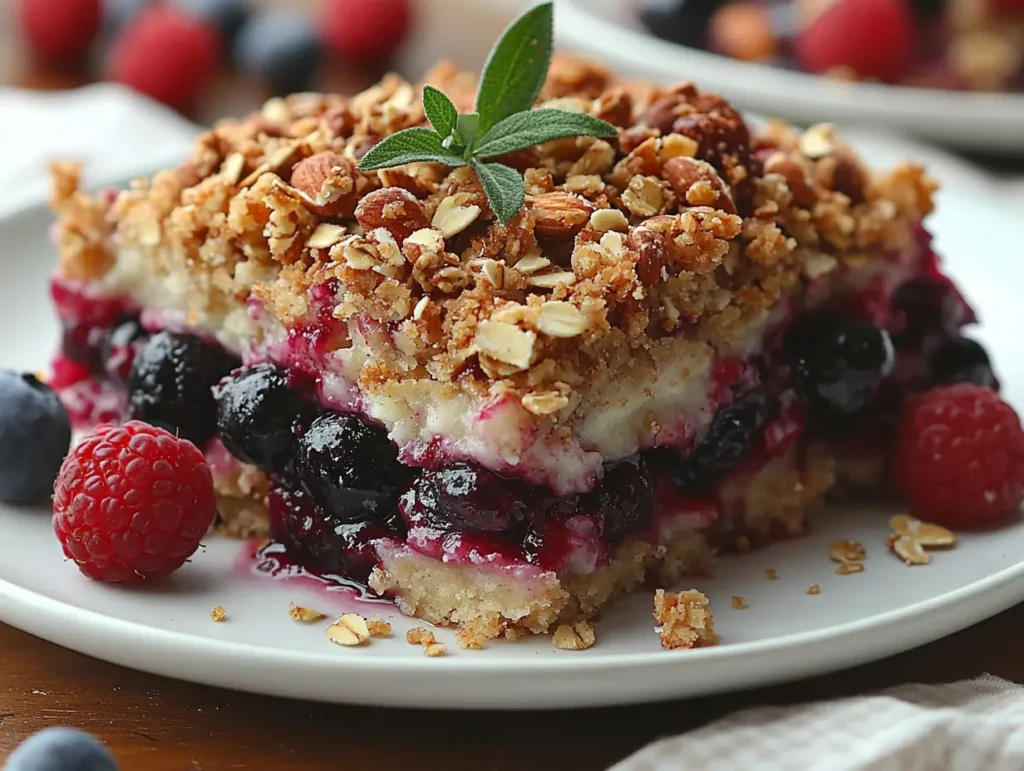 Berry crumble dessert with oats and nuts, a sweet gluten free option for vegan baking | kaynmaytkal.com