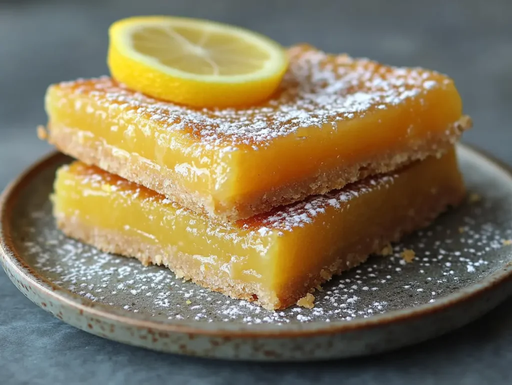 Vegan lemon bars with powdered sugar and lemon slices, perfect for gluten free dessert ideas | kaynmaytkal.com