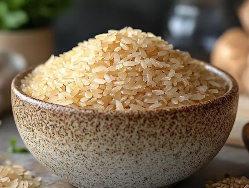 Uncooked short grain rice in a speckled ceramic bowl for preparing seafood rice dishes | kaynmaytkal.com