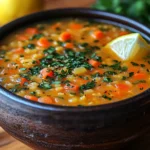 High protein chicken and yellow rice soup with turmeric, carrots, and herbs in a rustic bowl garnished with lemon | kaynmaytkal.com
