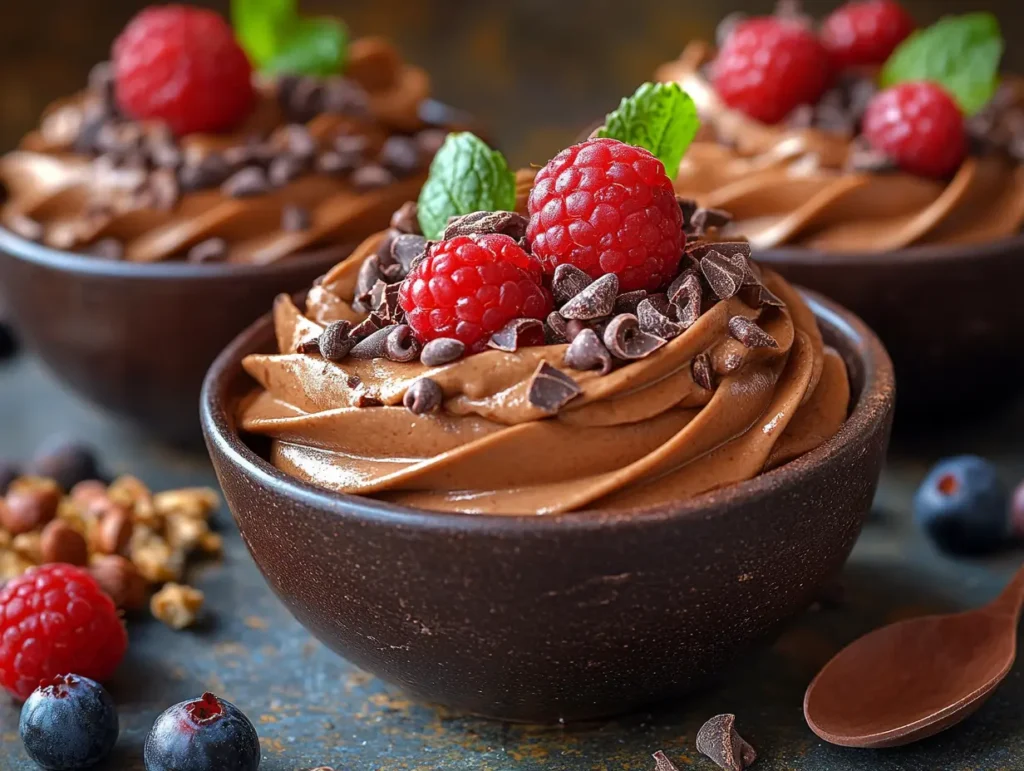 Vegan chocolate mousse topped with raspberries and mint, a rich gluten free dessert choice | kaynmaytkal.com