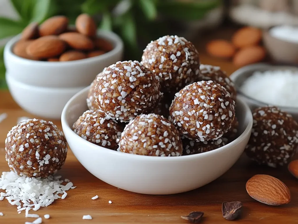 Coconut almond energy balls coated with shredded coconut for a sweet gluten free vegan treat | kaynmaytkal.com
