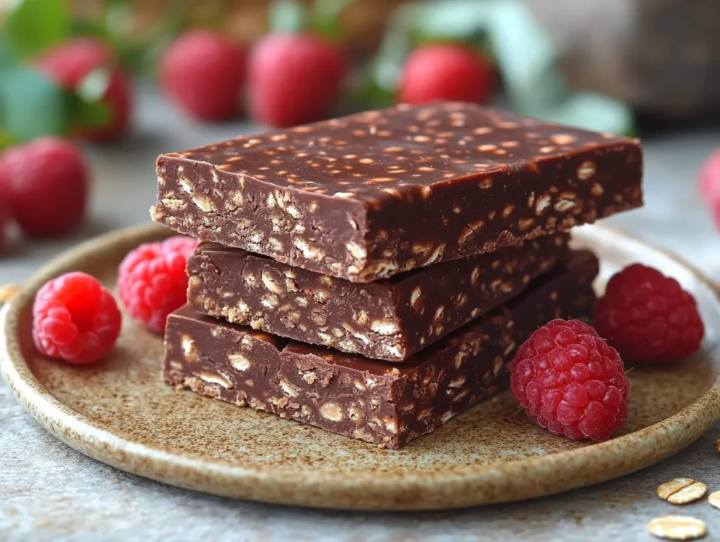 Crunchy chocolate raspberry bars with oats, ideal for vegan gluten free dessert recipes | kaynmaytkal.com